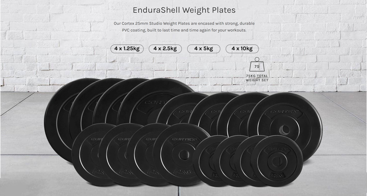 Cortex EnduraShell 75kg Weight Plate Set with Breakdown of Plate Sizes